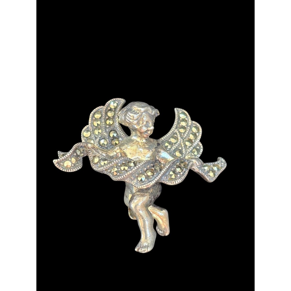 Judith Jack 925 Sterling Silver Vintage Marcasite Cherub Pin Brooch Angel